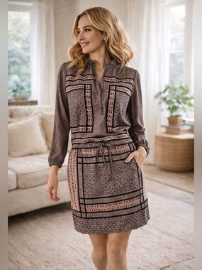 Halogen Geometric Long Sleeve Dress | Drawstring Waist | Pockets | Sz S
